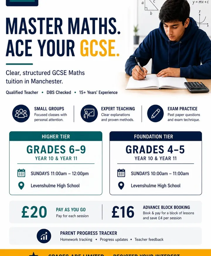 MathsTutorHelp GCSE Maths classes flyer for Higher and Foundation students in Manchester