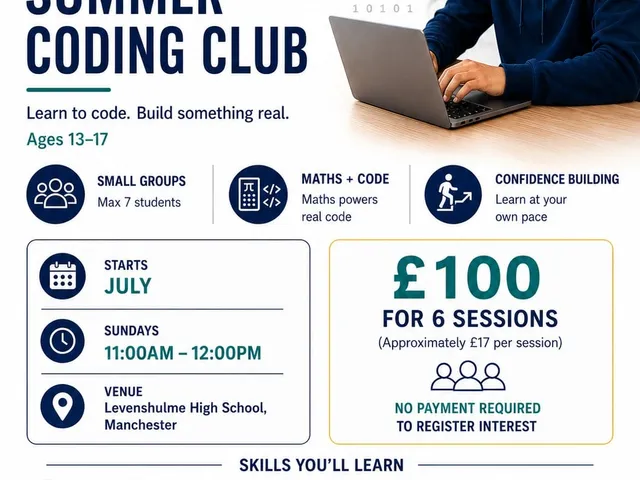 MathsTutorHelp Manchester Summer Coding Club flyer for students aged 13 to 17