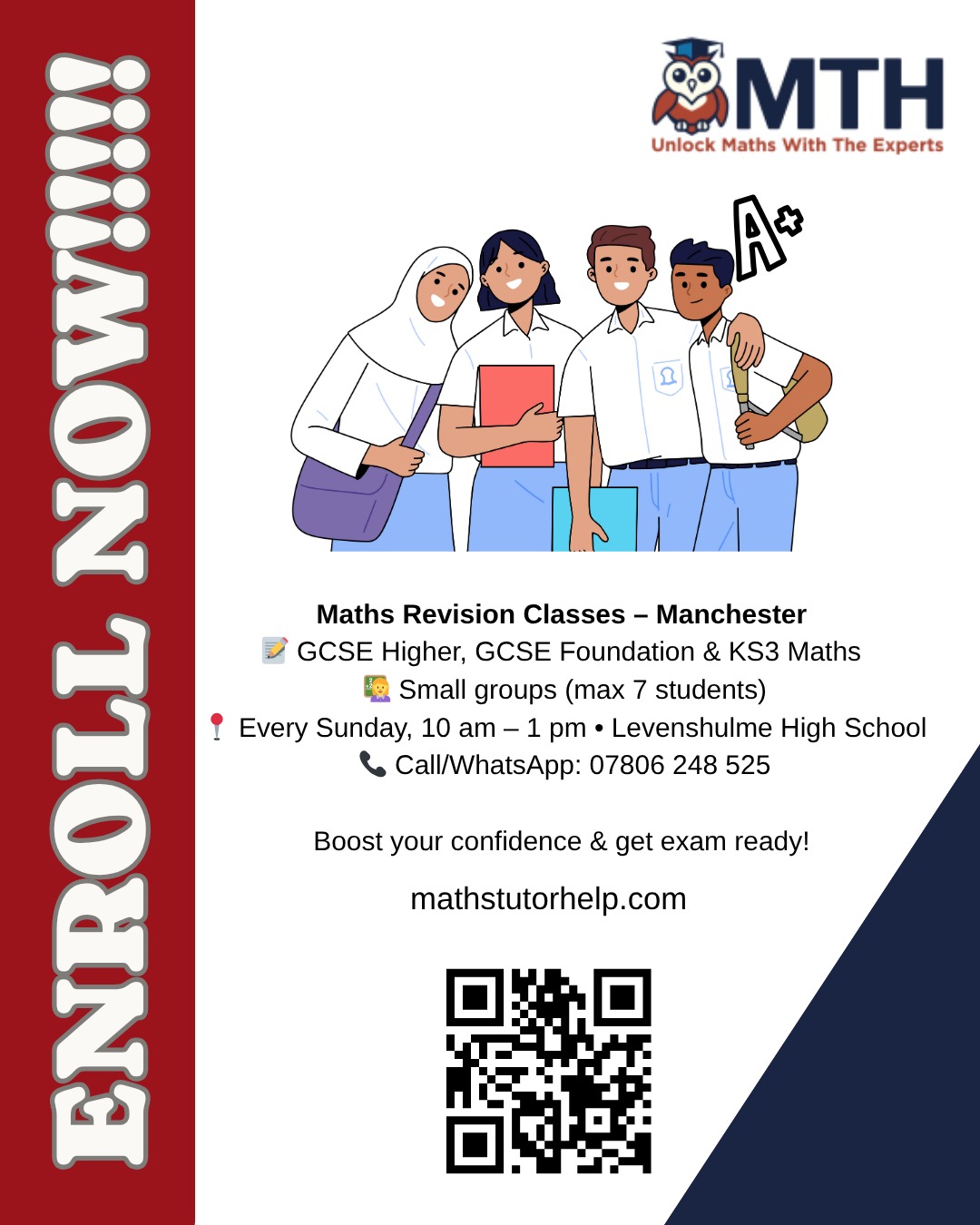 Enrol now poster for Maths Revision Classes in Manchester
